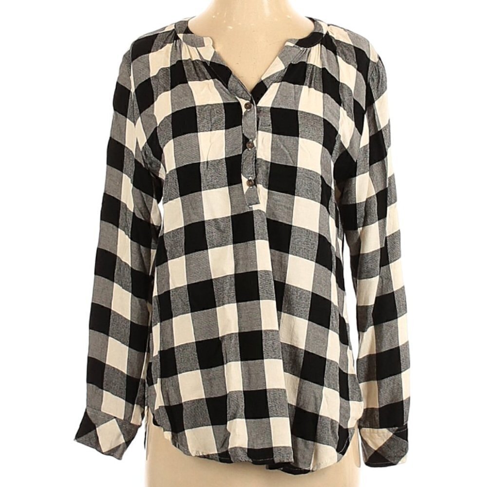 Universal Thread Women's Size Small Popover Blouse Black Cream Plaid Fleece